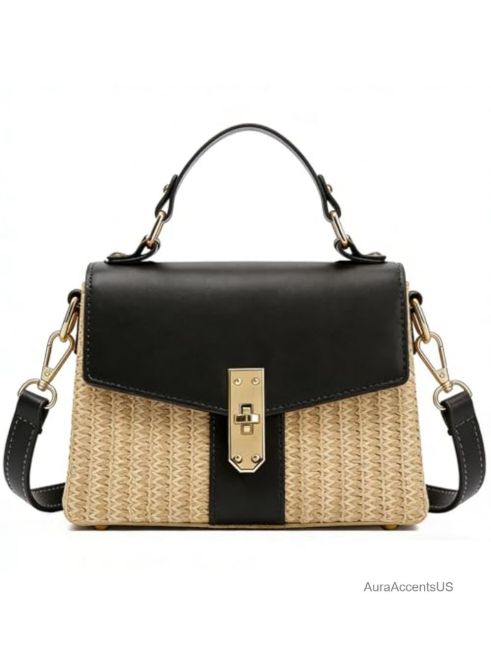 Woven Straw Satchel Crossbody Bag Faux Leather Beach Vacation Handbag